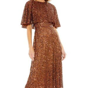 Mac Duggal Copper Sequin Cape Sleeve Cocktail Dress